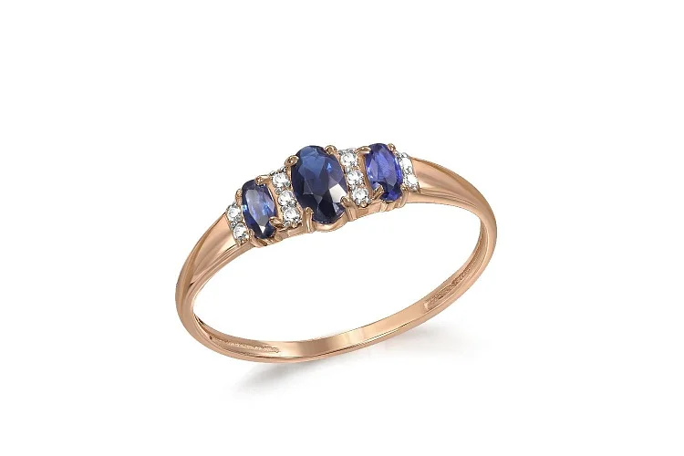 Кольцо из красного золота с 3 сапфирами и 10 бриллиантами