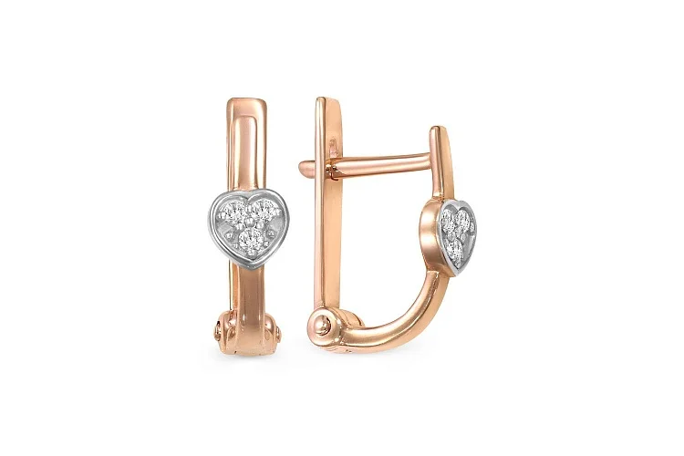 Детские серьги Сердца из красного золота с 6 фианитами