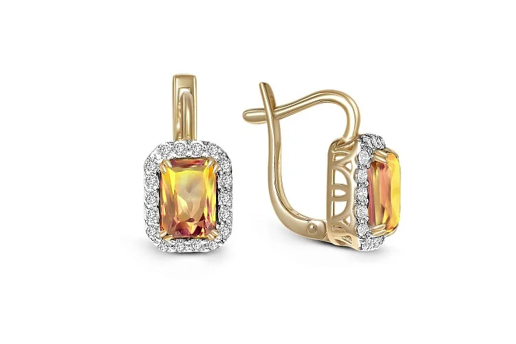 Серьги из жёлтого золота с 2 цитринами и 36 фианитами