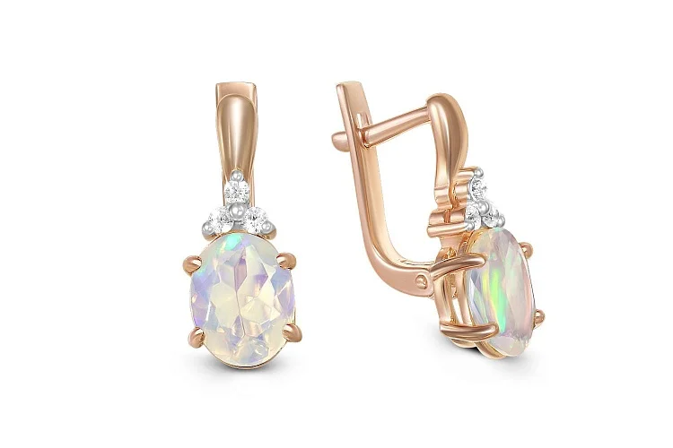 Серьги из красного золота с 2 опалами и 6 фианитами