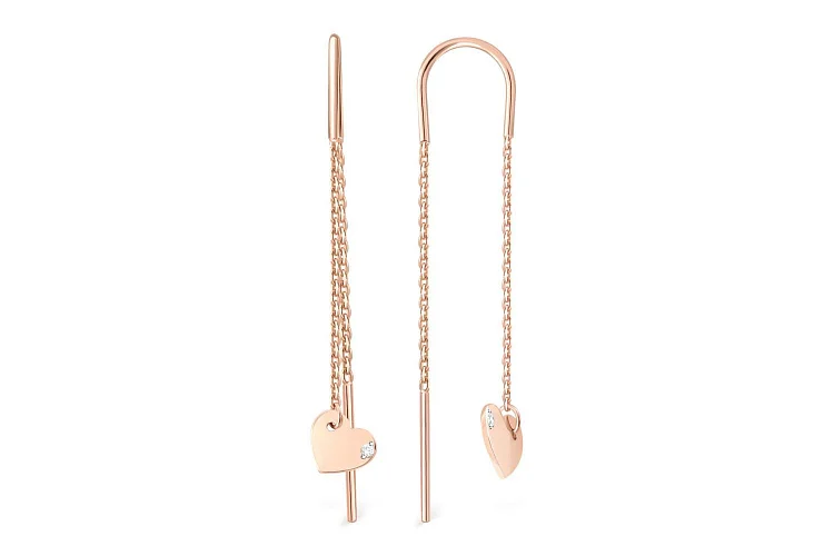 Серьги-продёвки Сердца из красного золота с 2 фианитами