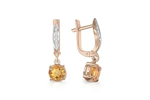 Серьги из красного золота с 2 цитринами и 10 фианитами