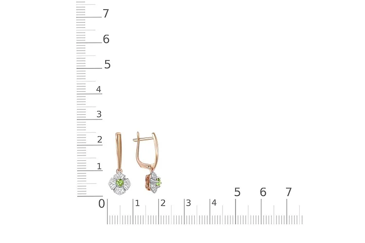 Серьги Цветы из красного золота с 2 хризолитами и 24 фианитами
