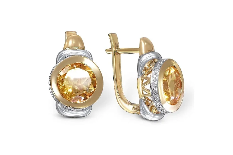 Серьги из жёлтого золота с 2 цитринами и 52 фианитами