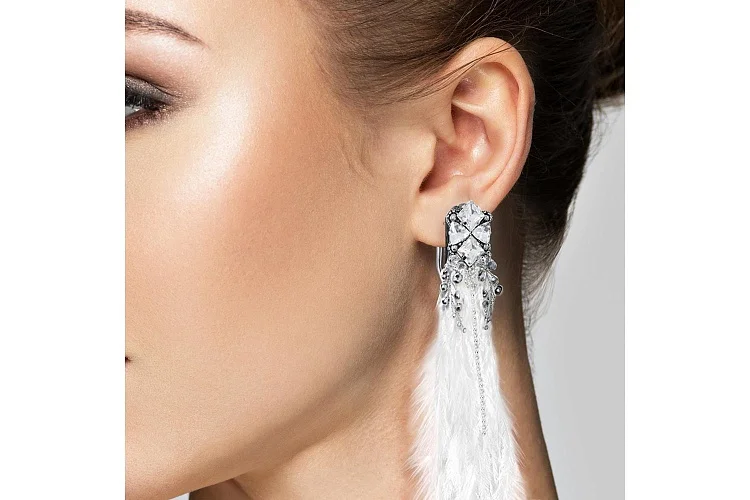 Бижутерные серьги свадебные Перья белый