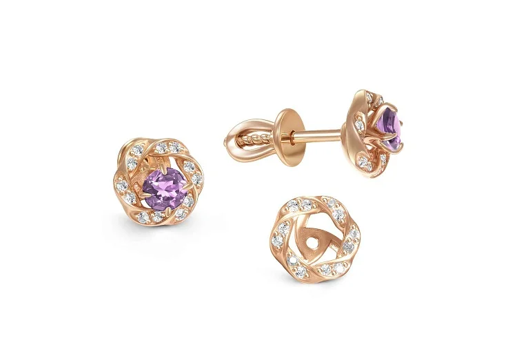 Серьги-пусеты из красного золота с 2 аметистами и 24 фианитами