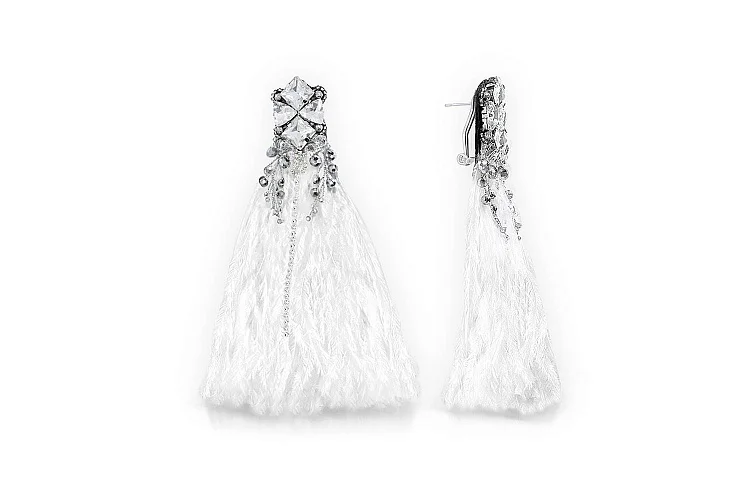 Бижутерные серьги свадебные Перья белый