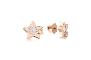 Детские серьги-пусеты Звезды из красного золота с перламутром и 2 фианитами