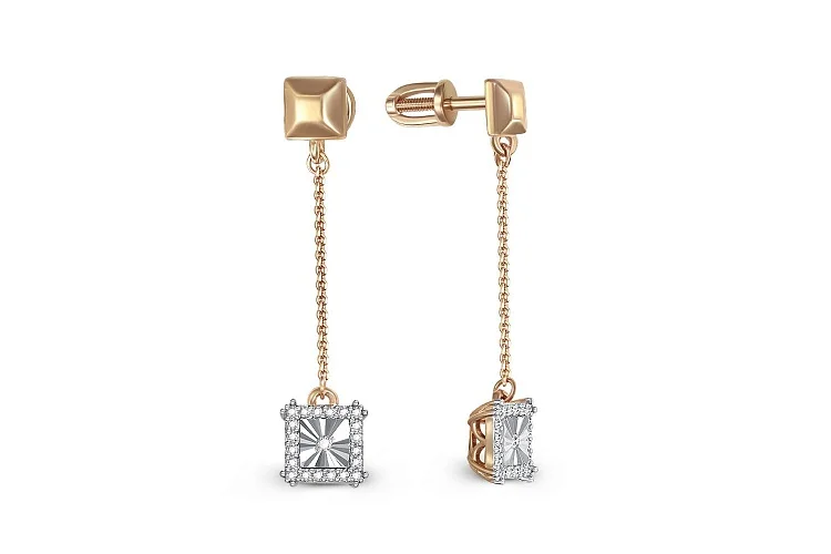 Серьги-пусеты Квадраты из жёлтого золота с 42 бриллиантами