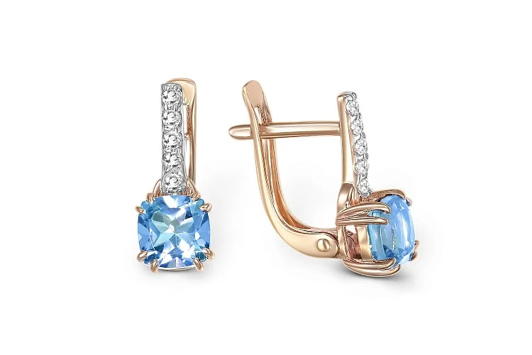Серьги из красного золота с 2 топазами swiss и 10 фианитами