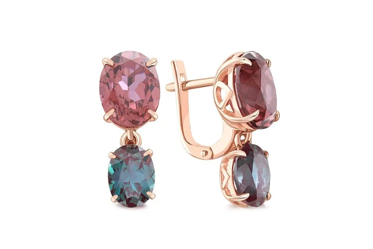 Серьги из красного золота с 2 кварцами и 2 александритами