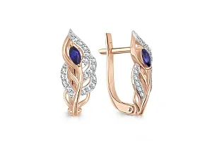 Серьги Веточки из красного золота с 2 корундами и 36 фианитами