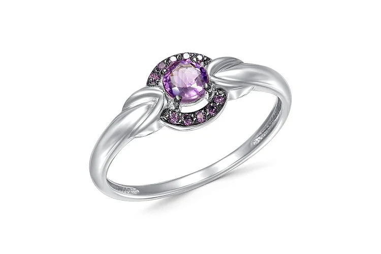 Кольцо из белого золота с аметистом и 10 фианитами