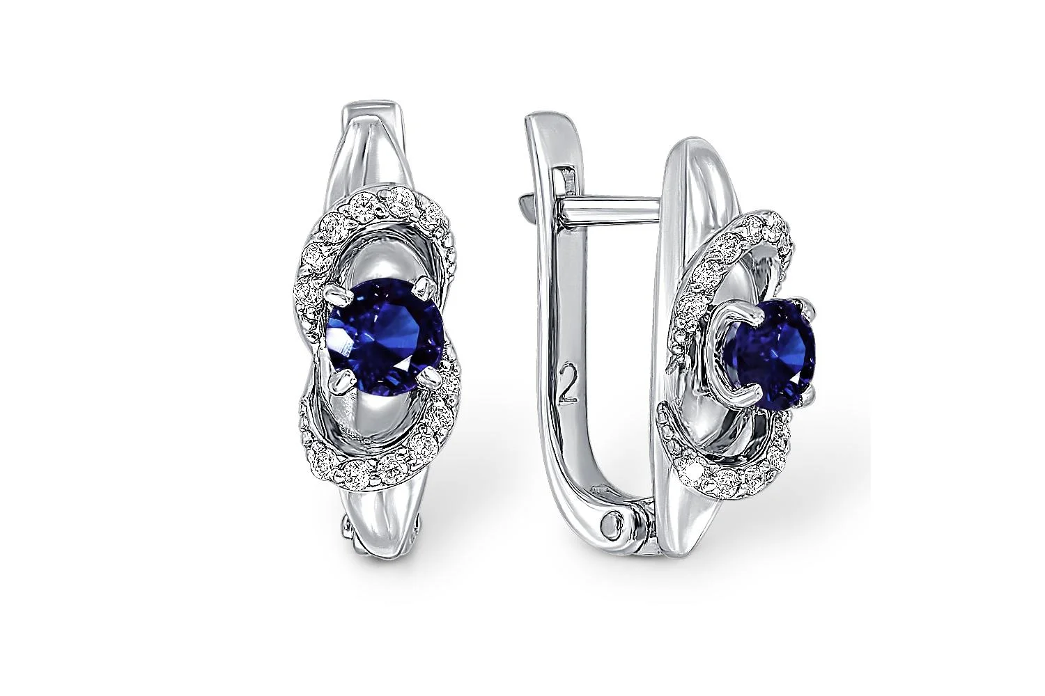 Серьги из белого золота с 2 корундами и 24 фианитами