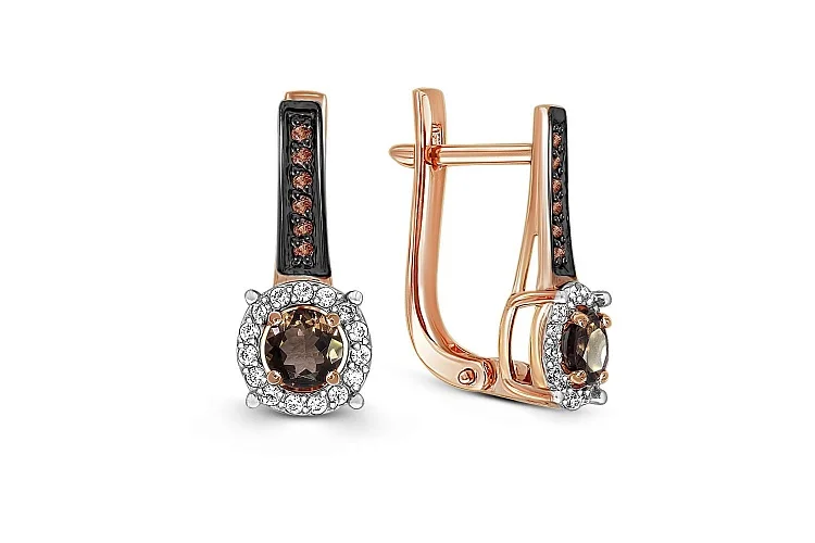 Серьги из красного золота с 2 раухтопазами и 42 фианитами