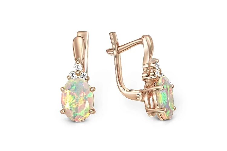 Серьги из красного золота с 2 опалами и 6 фианитами