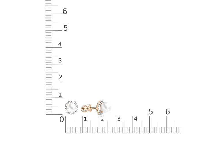 Серьги-пусеты из красного золота с 2 жемчужинами и 28 фианитами