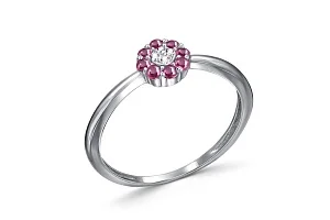 Кольцо Цветок из белого золота с 8 рубинами и 4 бриллиантами