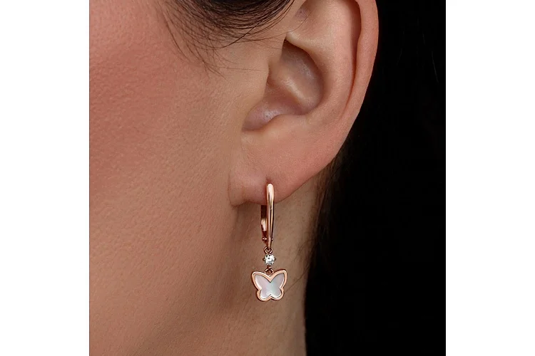 Серьги Бабочки из красного золота с перламутром и 2 фианитами