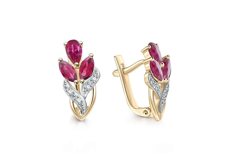 Серьги Цветы из жёлтого золота с 6 рубинами и 8 бриллиантами