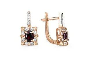 Серьги из красного золота с 2 гранатами и 32 фианитами