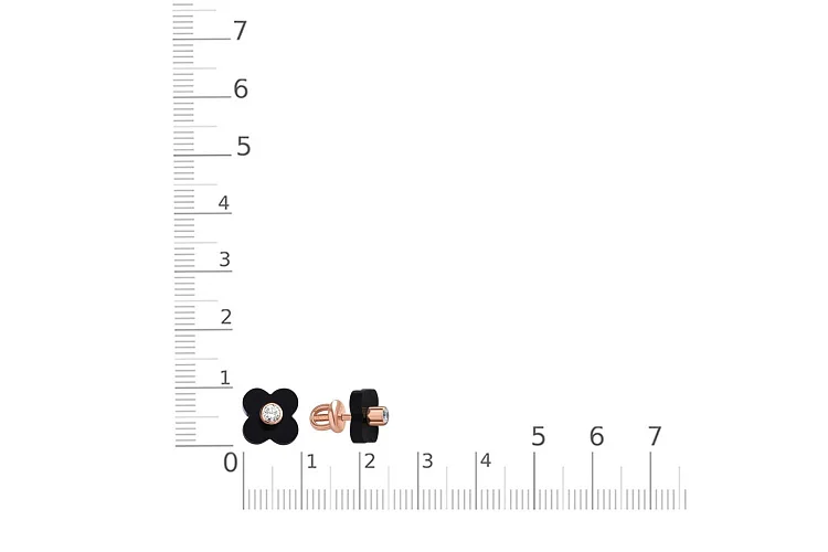Серьги-пусеты Клевер из красного золота с 2 ониксами и 2 фианитами