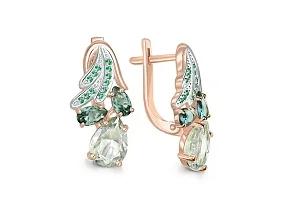 Серьги из красного золота с празиолитами, турмалинами и фианитами