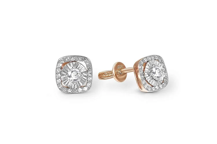 Серьги-пусеты из красного золота с 42 выращенными бриллиантами