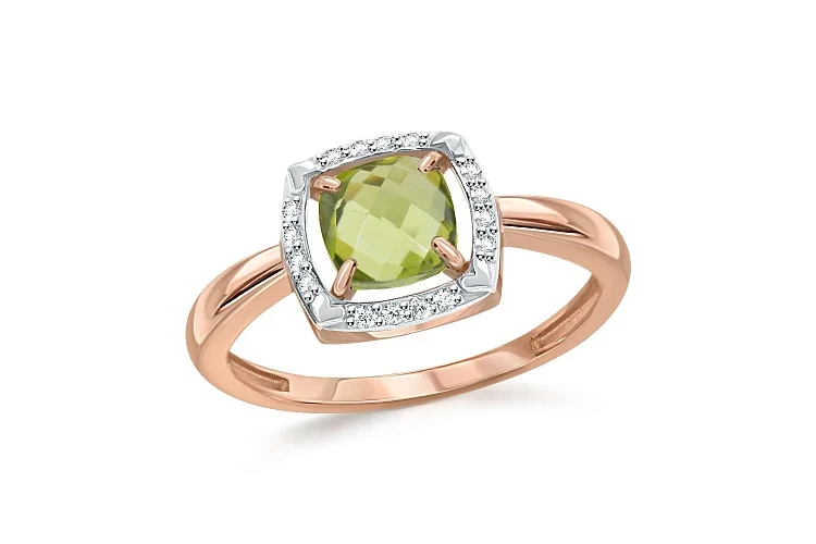 Кольцо из красного золота с хризолитом и 16 фианитами