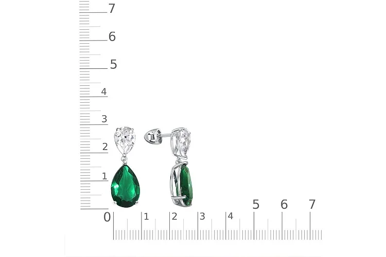 Серьги-пусеты из белого золота с 2 изумрудами и 2 фианитами