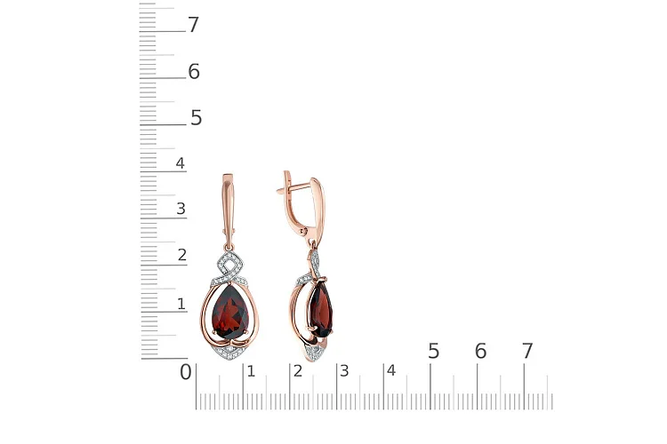Серьги из красного золота с 2 гранатами и 48 фианитами