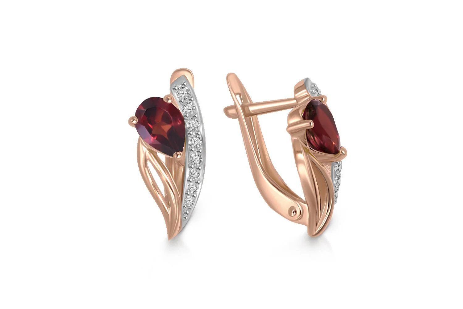 Серьги из красного золота с 2 гранатами и 16 фианитами