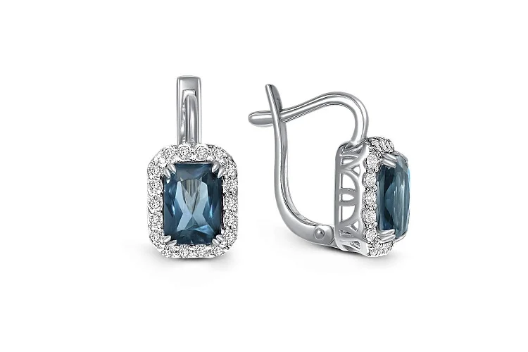 Серьги из белого золота с 2 топазами лондон и 36 фианитами