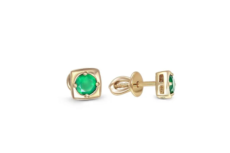 Серьги-пусеты Квадраты из жёлтого золота с 2 изумрудами