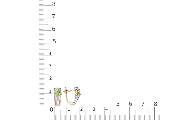 Серьги из красного золота с 2 хризолитами и 30 фианитами