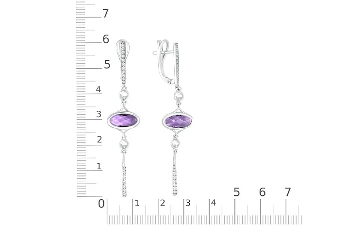 Серьги из белого золота с 2 аметистами и 38 фианитами