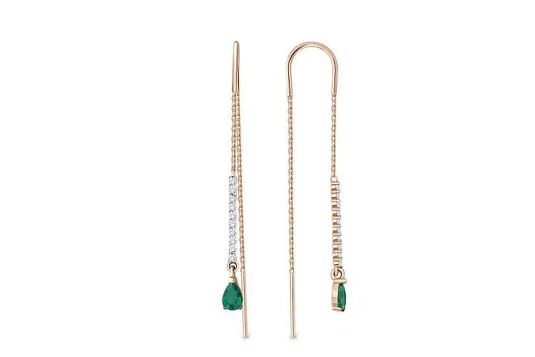 Серьги-продёвки Дорожки из красного золота с 2 изумрудами и 20 фианитами