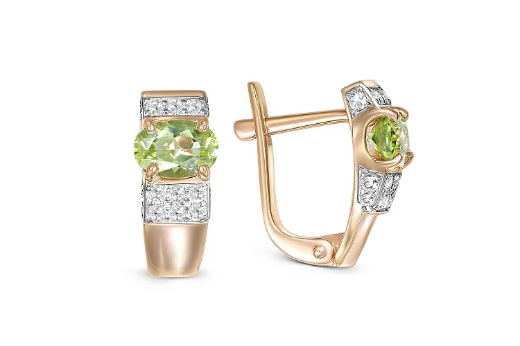 Серьги из красного золота с 2 хризолитами и 30 фианитами