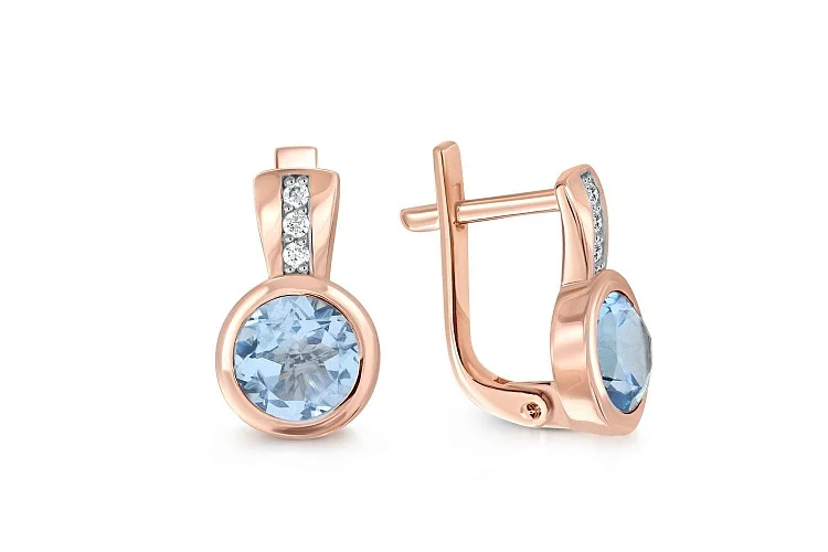 Серьги из красного золота с 2 топазами sky и 6 фианитами