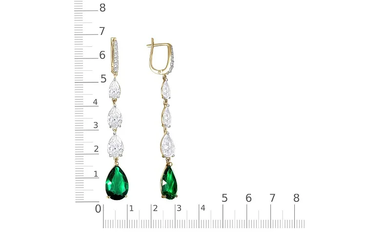 Серьги из жёлтого золота с 2 изумрудами и 20 фианитами