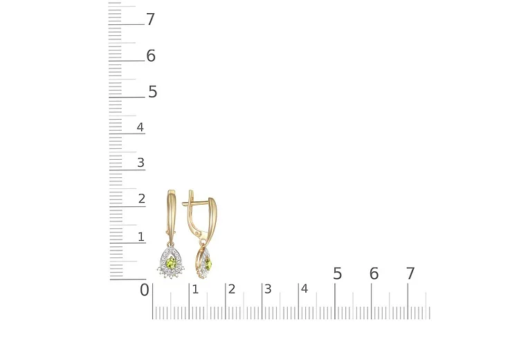 Серьги из жёлтого золота с 2 хризолитами и 44 фианитами
