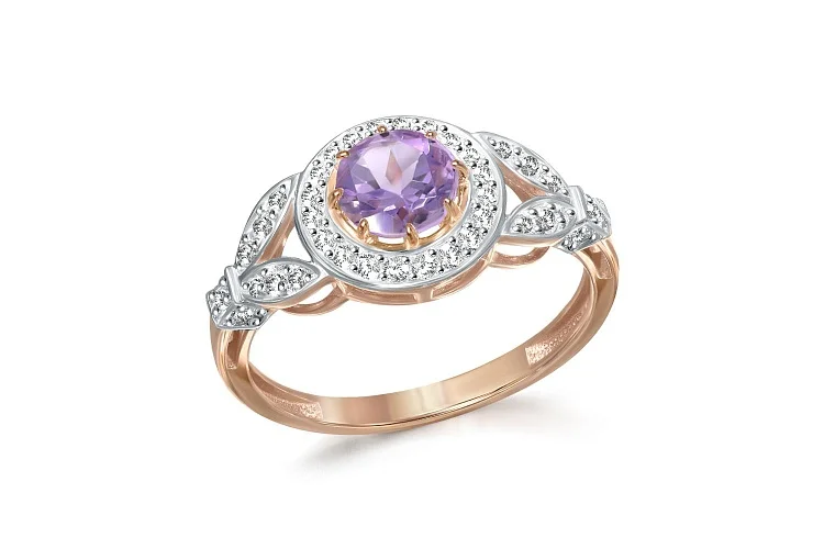 Кольцо из красного золота с аметистом и 38 фианитами