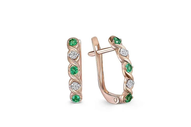 Серьги Дорожки из красного золота с 6 изумрудами и 4 бриллиантами