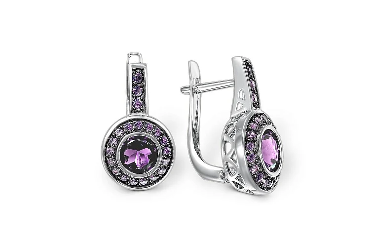 Серьги из белого золота с 2 аметистами и 40 фианитами