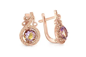 Серьги из красного золота с 2 аметринами и 44 фианитами
