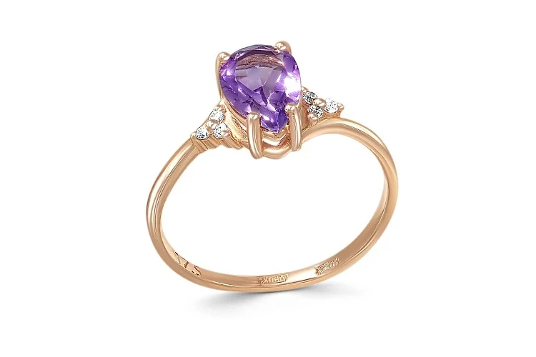 Кольцо из красного золота с аметистом и 6 фианитами