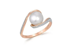 Кольцо из красного золота с жемчугом и 42 фианитами