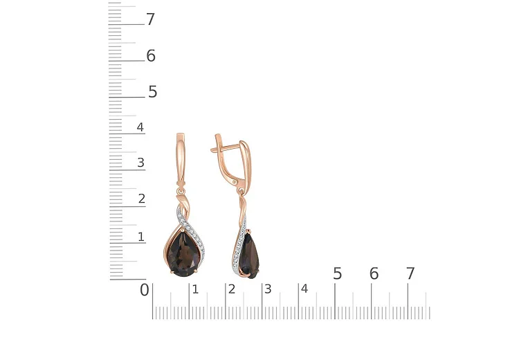 Серьги из красного золота с 2 раухтопазами и 24 фианитами