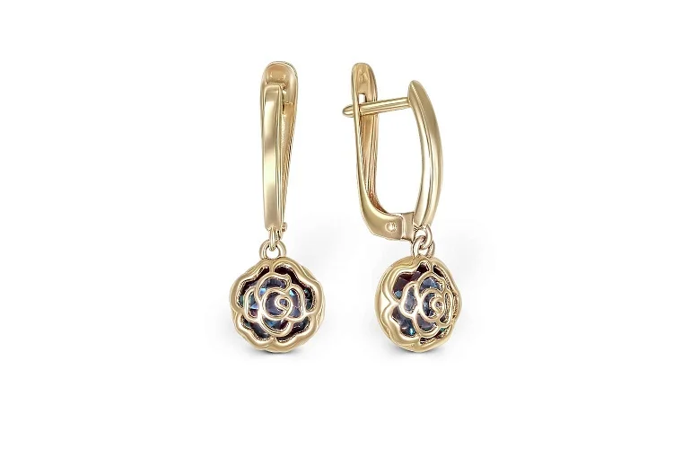 Серьги Цветы из жёлтого золота с 4 александритами
