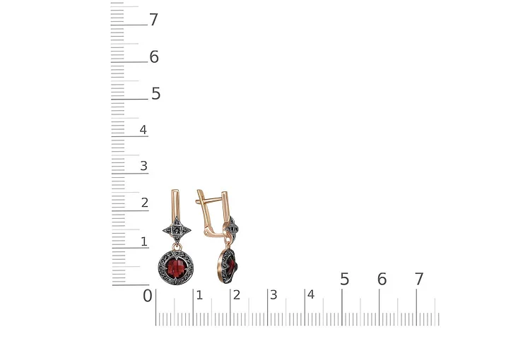 Серьги из красного золота с 2 гранатами и 42 фианитами